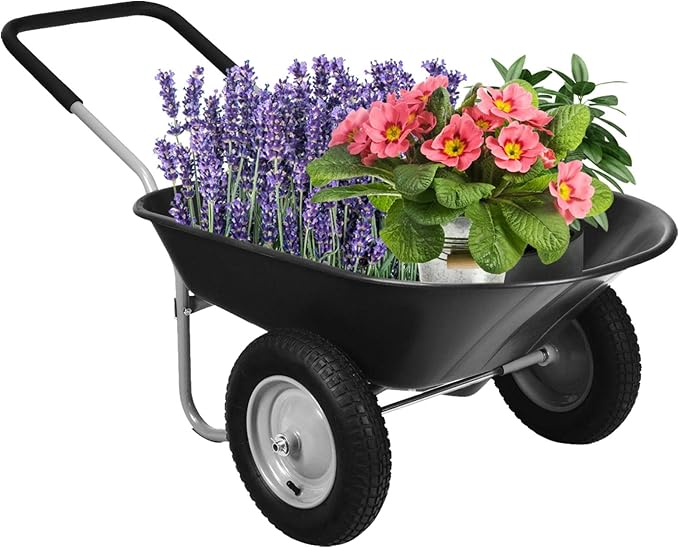 IRONMAX Garden Dual-Wheel Wheelbarrow, Heavy Duty Utility Yard Cart w/ 2x14’’ All-Terrain Wheels & Built-in Stand, Wheel Barrow for Lawn, Yard, Farm, Gardening & Planting (Black)