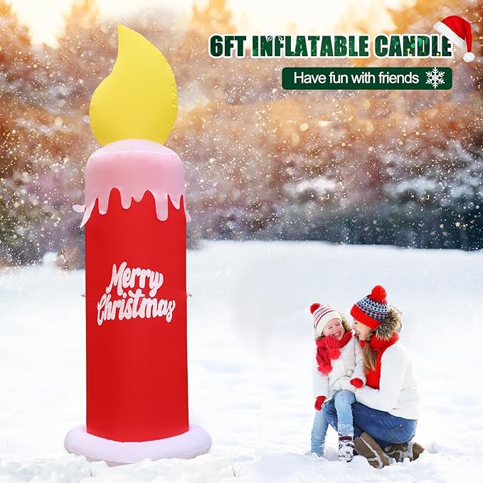 FunFanso 6 FT Christmas Inflatable Candle with Merry Christmas Wishes, Blow up Decor Outdoor, Built-in Bright LED Lights, Festival Decoration for Yard Patio Lawn Garden Indoor Home Porch Party Décor