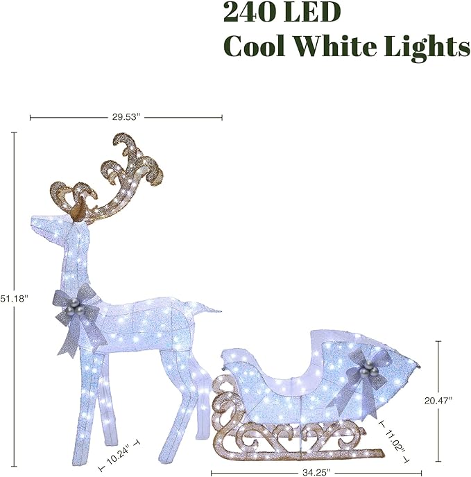 LuxenHome Lighted Reindeer Christmas Outdoor Yard Decorations, Prelit Reindeer and Sleigh Indoor & Outdoor Christmas Decor with 240 LED Lights, Xmas Decorations for Front Porch, Lawn, Garden Display
