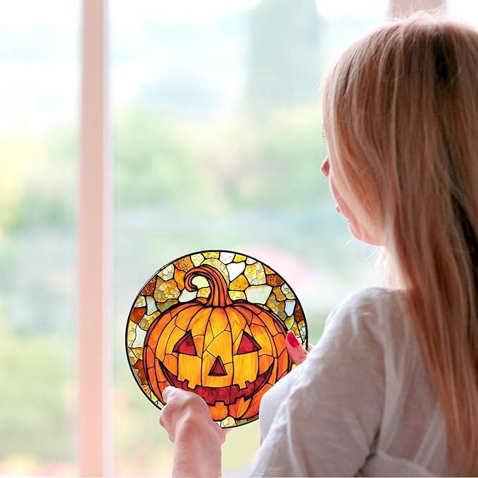 Pumpkin Stained Glass Window Hanging Horror Sun Catcher Decor Halloween Suncatchers for Garden Home Windows Hanging Decoration, 7.87inch
