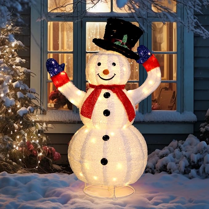 VINGLI 4FT Snowman Electric Outdoor Christmas Yard Decor, Motorized Lighted Snowman with 120 LED Lights, Animated Hat On Off, Pop Up Xmas Yard Lawn Garden Front Porch Pull Up Indoor Holiday Decor