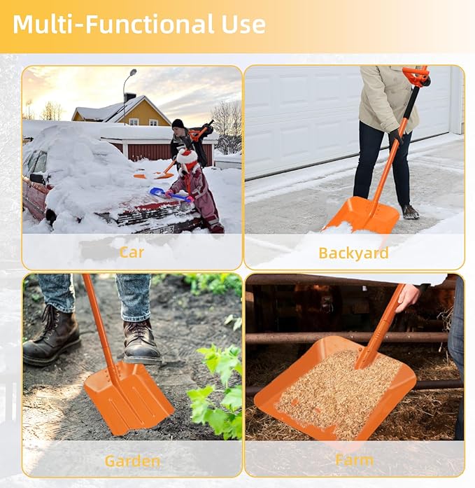 Snow Shovel for Driveway 69 Inch Portable Shovel with Back-Saving Tool Handle Adjustable Large Capacity Snow Shovel for Car Multifunctional Shovel for Cars Garden Farm, Orange