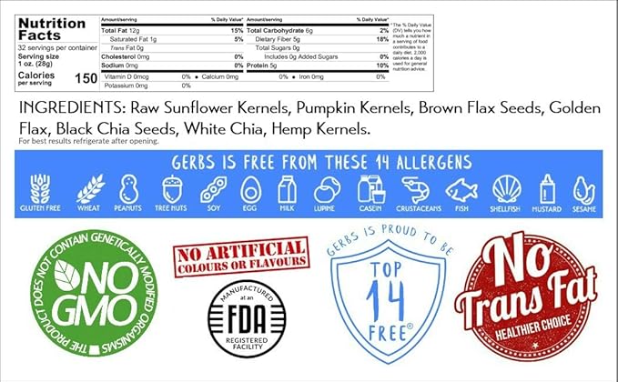 Gerbs Super 7 Seed Snack Mix 2 lbs. | Raw, No Artificial Additives, Resealable Bag | Crunchy Pumpkin, Sunflower, Brown & Golden Flax, Black & White Chia, Hemp | Top 14 Allergen-Free