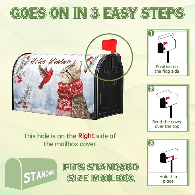Hello Winter Cat Mailbox Cover Cardinal Bird Mailbox Covers Magnetic Snow Snowflake Post Letter Box Cover Standard Size 21x18 inch for Garden Outdoor Yard Decor