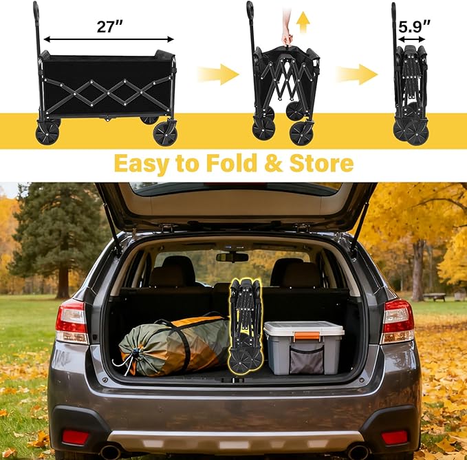 Foldable Collapsible Wagons Carts with Wheels — Folding Utility Wagon Cart Portable & Easy to Store for Groceries,Apartment Moving,Sports & Garden|Collapsible Wagon for Yard Work&Shopping,Graphite