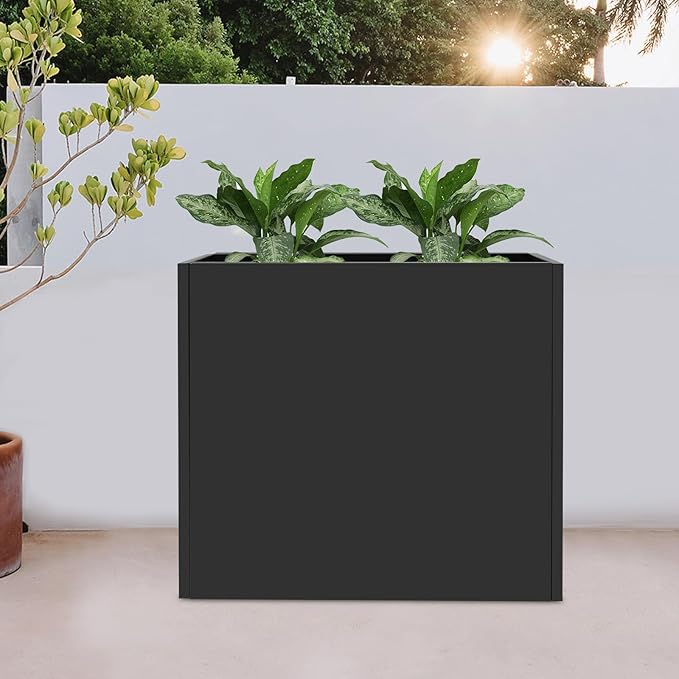 Metal Planter Box, Tall Rectangular Raised Garden Bed with Removable Shelf and Drainage Holes, Modern Steel Garden Planter, Flower Planter Boxes for Patio, Yard & Porch, Outdoor (Black, 34*10*30in)