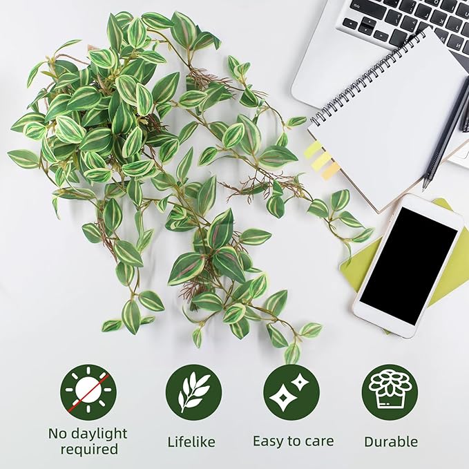 Artificial Hanging Ivy Plants Realistic 3D Watermelon Texture Faux Peperomia Leaves Fake Potting Vine Green Plants for Indoor Outdoor Home Garden Decor