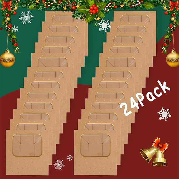 24 Pcs Gold Star Cookie Boxes,Treat Boxes for Dessert 8.25" x 6" x 2.75" with Window, Bakery Brown Pastry Dessert Boxes for Chocolate Strawberries Muffins Donuts and Party Favor