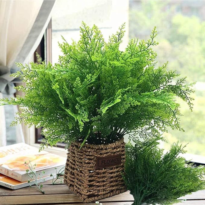 CATTREE Artificial Shrubs Bushes, Plastic Plants Fern Leaves Fake Persian Grass Wedding Indoor Outdoor Home Garden Verandah Kitchen Office Table Centerpieces Arrangements Christmas Decoration 8 pcs
