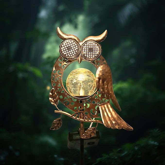 KAIXOXIN LEDs Solar Stake Lights for Garden Metal Warm White, Memorial Gift - Perfect as Remembrance & Sympathy Gifts (Angel-Bronze) (Owl)