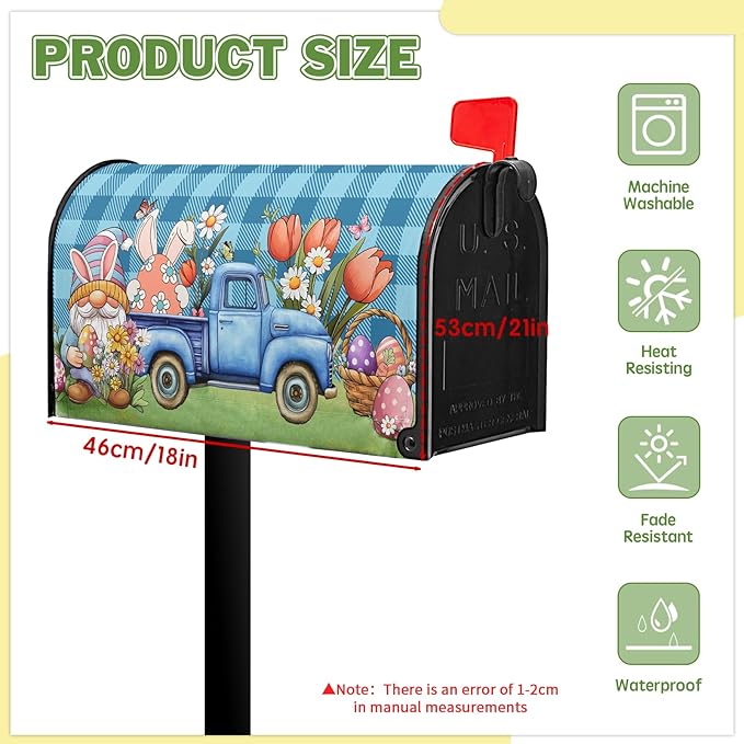 Easter Mailbox Covers Magnetic Gnome Mailbox Cover Standard Size 21x18 in Spring Colorful Flowers Decorations for Outside Garden Waterproof Oxford Blue Buffalo Plaid