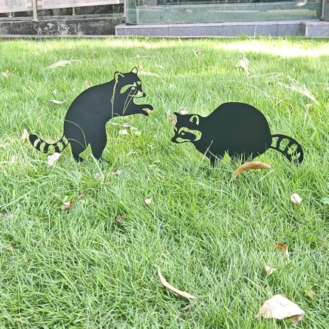 2 Pack Raccoon Metal Garden Stakes for Outdoor Decor – Cute Animal Yard Art for Garden, Lawn, or Pathway – Weather-Resistant Black Silhouette Statues, Unique Gift for Nature & Wildlife Lovers