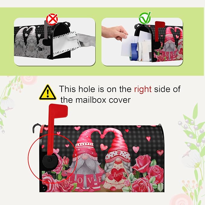 Valentine's Day Gnomes Magnetic Mailbox Cover - Love Hearts, Oversized Red Rose, Buffalo Plaid Humor Letter Post Box Wrap - Large Size 25.5 X 21 Inch