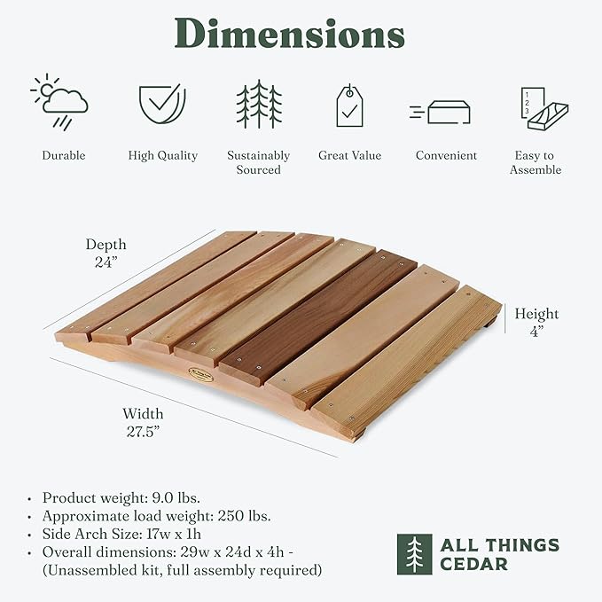 All Things Cedar Outdoor Wooden Garden Bridge for Walkway, Backyard Pond, 2’, Natural