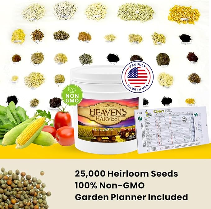 Heaven’s Harvest “10 Year Garden” Survival Seed Bank Kit | Over 50k Non GMO Heirloom Vegetable Survival Seeds + 2 Free Bonus Items: Clyde’s Garden Planner + Seed Vault Storage Drum for 10 Year Storage