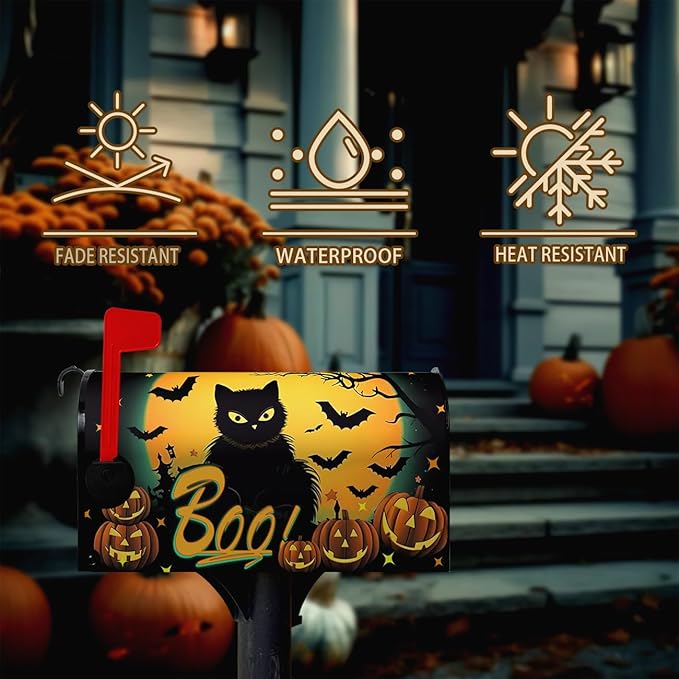 Halloween Mailbox Covers Black Cat Moon Pumpkin Magnetic Mailbox Wrap Castle Boo Spider Bat Mail Post Box Cover Standard Size 21x18 Inch for Garden Yard Decor