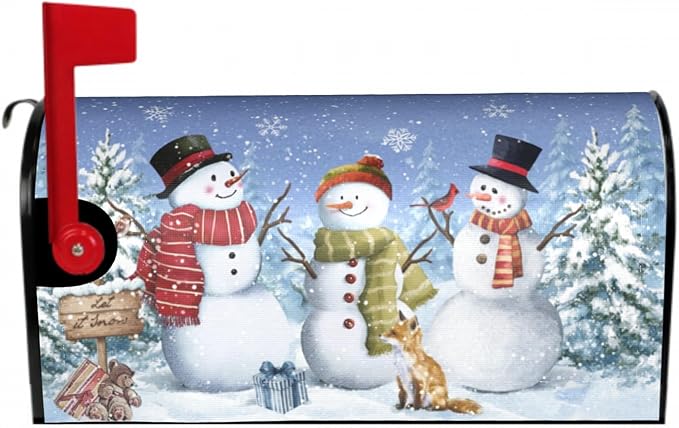 Winter Blue Mailbox Covers Magnetic Standard Size 18 x 21 Inch Snowman Tree Fox Bear Letter Box Cover Outdoor Mail Wraps Cover for Garden Home Yard Decor