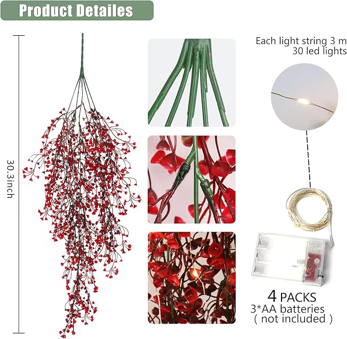 RECUTMS Artificial Hanging Fern Lighted with 30 LED Fake Hanging Ivy Vines Plastic Faux Greenery Plants for Home Wall Bedroom Garden Wedding Outside Decor Pack of 4 (Red)