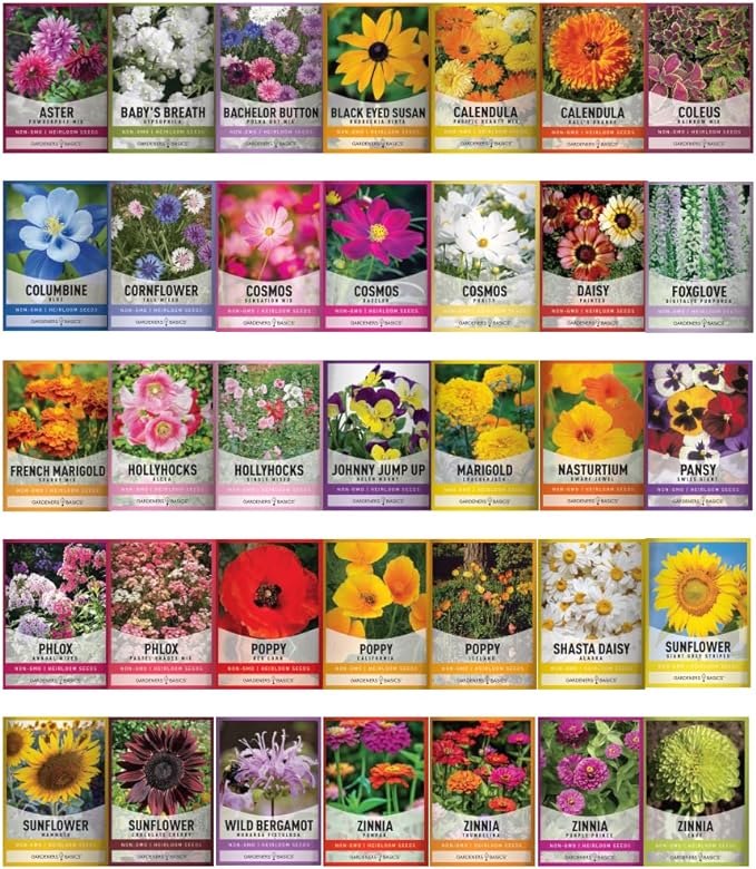 Gardeners Basics, Flower Seeds Packets for Planting 35 Individual Varieties Perennial, Annual, Wildflower Seeds for Planting Outdoors for Bees and Butterflies - Semillas de Flores Hermosas