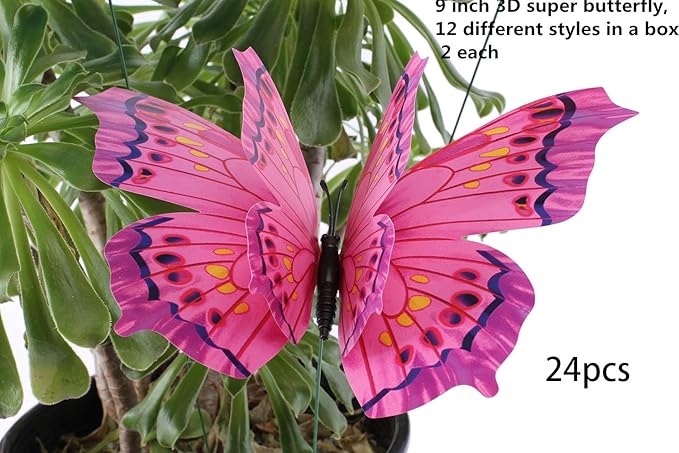 Giant Butterfly Garden Stakes Decorations Outdoor 3D Butterflies Lawn Decorative Yard Decor Patio Accessories Ornaments PVC Gardening Art Christmas Whimsical Gifts (Pack of 24)