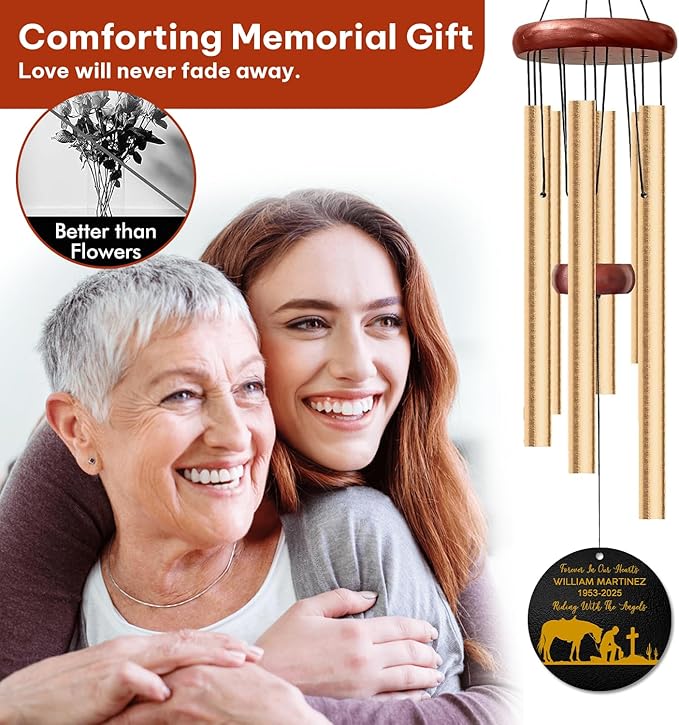 Personalized Cowboy Memorial Wind Chime – “Riding with The Angels” Custom Name & Years – Western Horse & Cross Design – Outdoor Sympathy Gift for Loss of Loved One – in Loving Memory Windchime