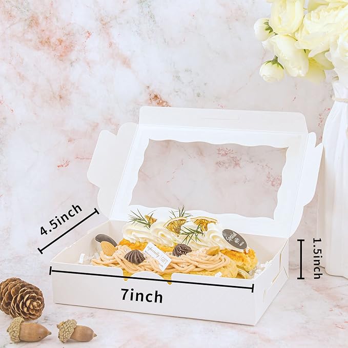 50pcs 7x4.5x1.5 Inches Cookie Boxes with Window White Dessert Boxes Pastry Boxes Small Gift Boxes Bakery Boxes Macaron Boxes Strawberry Boxes