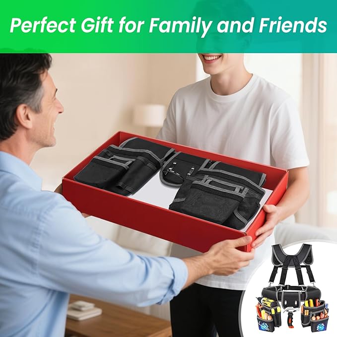 Tool Belt With Suspenders, Heavy Duty Magnetic Tool Belts for Men with 18 Pockets, Tool Belt with Adjustable 32 to 66 Inches Detachable Waist for Electricians, Carpenters, Framers, Black-Grey