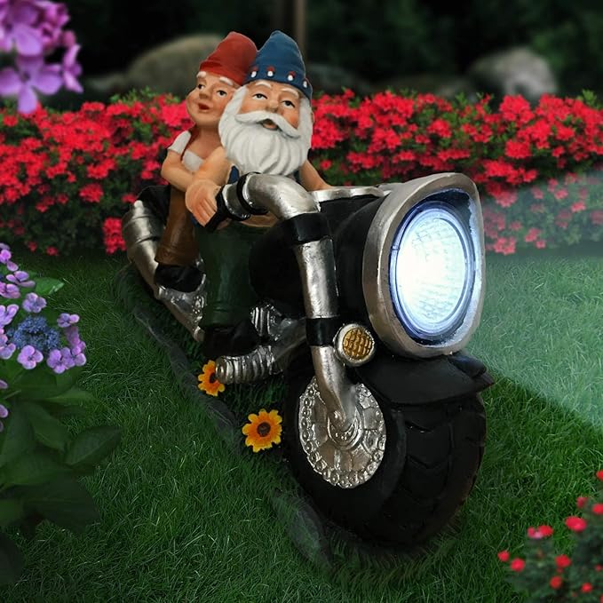 Cute Biker Gnome Couples Statue -Biker Garden Gnomes Outdoor Funny Figurine - Motorcycle Statues Garden Ornament Art - Travel Gnome Figurine for Patio