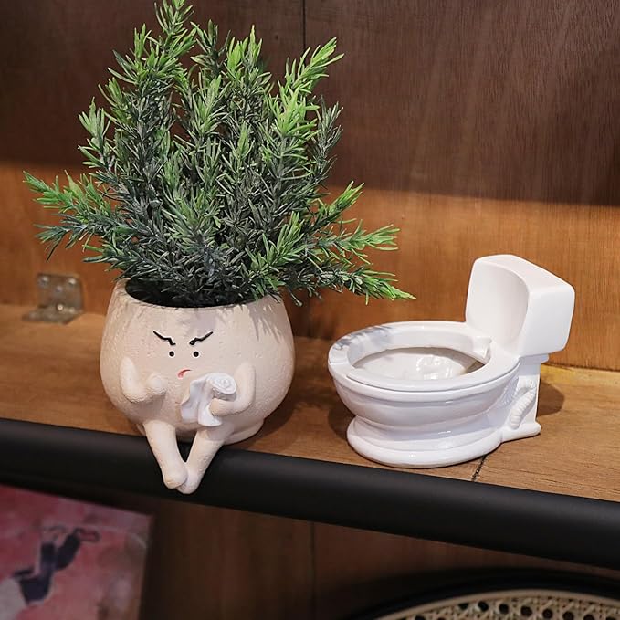 Cute Face Self Watering Planter Pot with Drainage Hole Funny Toilet Plant Pot for Indoor Outdoor Unique Head Planters for Bathroom Gift Ideas for Mother, Christmas