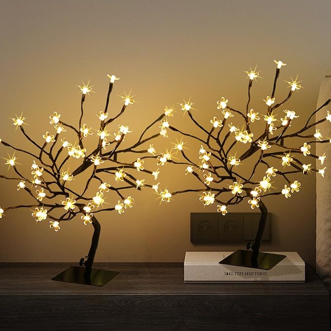 2PK Cherry Blossom Tree Lights,Artificial Bonsai Tree with 48 Warm White Led Lights, 16.2 Inch Prelit Cherry Blossom Lamp for Christmas Party Wedding Gift Home Tabletop Decoration