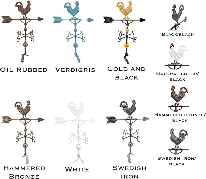 Most Color Options - Aluminum Rooster Weathervane - Made in The USA - Chicken weathervane - Rooster Decor - Rooster Weathervane for Roof - Roof Mount Included (4 to Choose from)