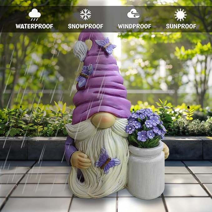 OrnamentallyYou Garden Grace Lavender Gnome Figurine, 10" Purple Home Decor Statue with Butterflies and Flowers