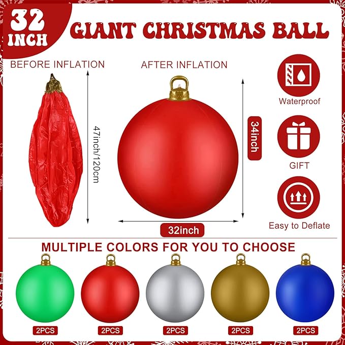 Jetec 10 Pcs 47 Inch Giant PVC Inflatable Christmas Ball Inflatable Ornaments Balls Large Xmas Balls Outdoor Christmas Decorations for Holiday Yard Lawn Porch Blow Up Decor, Multicolor(Simple)