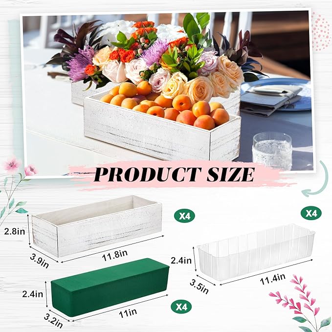 Dandat 4 Set Wood Boxes for Centerpieces 12x4 Inch Rectangle Wooden Planter Box Rustic Wooden Planters with Removable Plastic Liner Floral Foam Blocks for Christmas Wedding Home Garden Decor