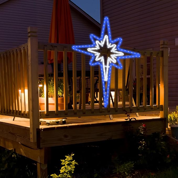 Large 28inch Twinkle Bethlehem Star Pre-lit 216 Super-Bright LED Outdoor Christmas Decoration with 11 Functions and Timer Waterproof for Outdoor Home Party Wall(Blue and White)