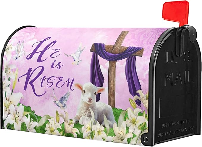 He is Risen Mailbox Cover Magnetic, Easter Cross Lamb Mailbox Wrap 21x18 Inch, Spring Lily Flowers Standard Size Waterproof Letter Post Cover for Yard Garden Outdoor Outside Home Decor