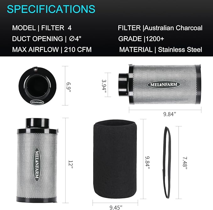 MELONFARM 4 Inch Air Carbon Filter Smelliness Control with Australia Virgin Charcoal, Odor Removal Carbon Filter for Grow Tent, Inline Fan, Hydroponics, Pre-Filter Included, Insulated Flange 4" x 11"