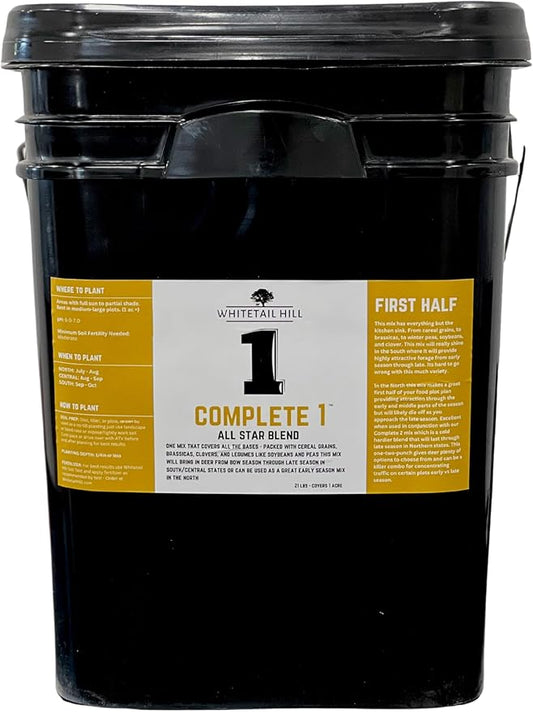 Complete 1 Food Plot Seed Mix for Deer, 1/4 Acre or 1 Acre, One Mix Covers All The Bases, Cereal Grains, Brassicas, Clovers, Legumes, Early Season Blend (1 Acre (21 lbs))