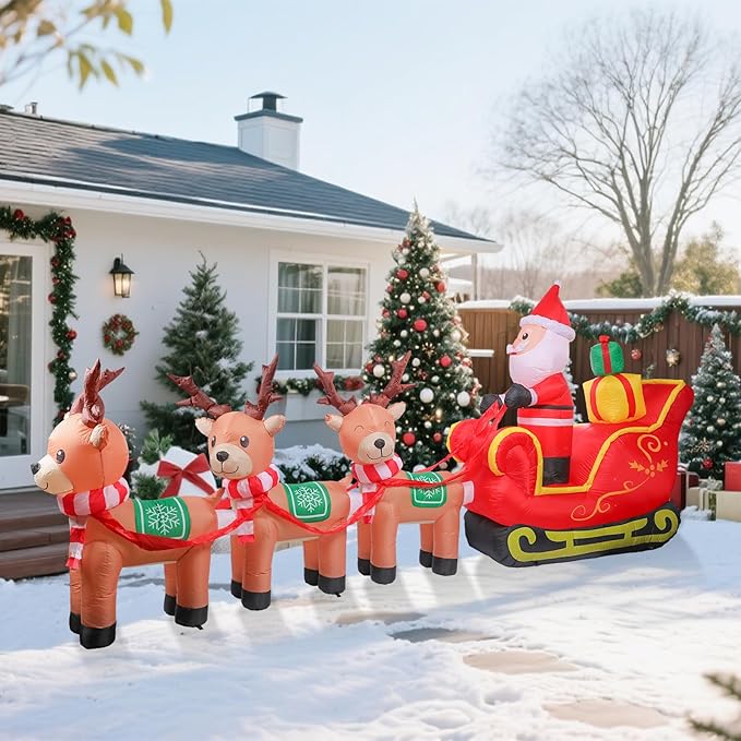 VCUTEKA Christmas Inflatables Outdoor Decorations, 12FT Blow Up Santa Claus Sleigh with Reindeer and Gifts, Animated Christmas Inflatable Yard Decoration with LED Lights for Holiday Lawn Garden Décor