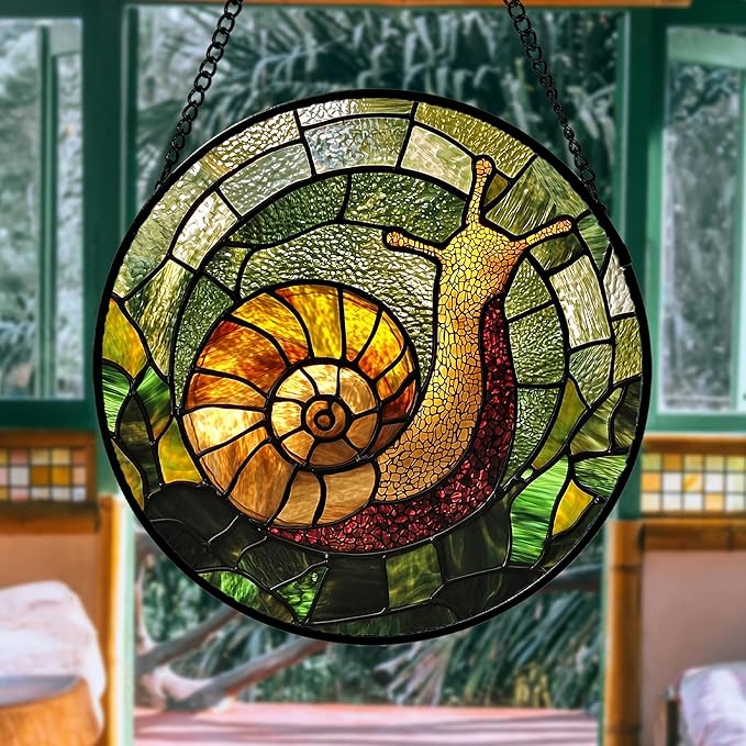 Stained Glass Window Hanging, Green Orange Snail Sun Catcher for Door Home Decor Suncatcher Christmas Mother's Day Birthday Gifts for Women Men Mom and Nana 15 in
