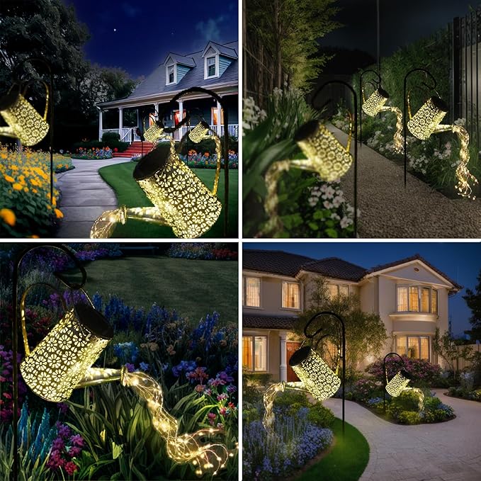 Solar Watering Can with Lights, Solar Lights Outdoor Garden Waterproof Metal Watering Can with Cascading Lights, Solar Lantern Decor for Garden Yard Patio, Gardening Present for Women Mom Birthday