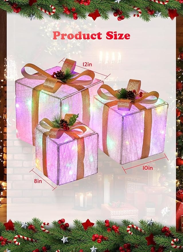 Set of 3 Christmas Decorations Lighted Gift Boxes with Bows，12" 10" 8" with 60 Pre-Lit Mini String Lights，Foldable LED Xmas Present Boxes for Tree Indoor Outdoor Holiday Party Yard Home Decor