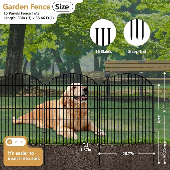 15 Panels Decorative Garden Fence, 33in (H) x 33.46ft (L) No Dig Dog Fences Outdoor for Yard, Rustproof Tall Metal Fencing Panels Animal Barrier Border for Rabbits, Patio Temporary Use