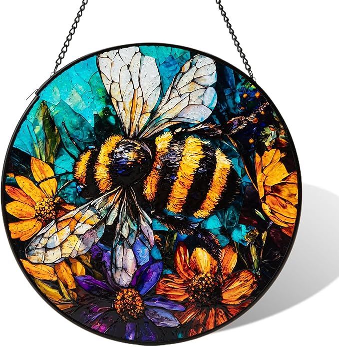 Stained Glass Window Hanging, Bee Yellow Flower Suncatcher for Doors Home Sun Catchers Decoration, Mother's Day Birthday Gifts for Women, Men, and Mom (8 Inch)