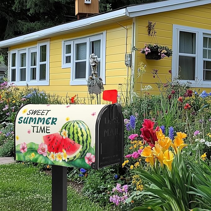 Watermelon Mailbox Cover Summer Sweet Time Mail Box Wraps Summer Mailbox Covers Magnetic Standard Size 21x18 inch Palm Leaf Floral Holiday Decorative Mailboxes for Outdoor Garden Home Decor