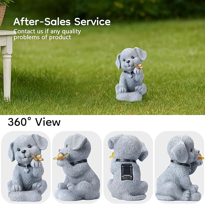 Solar Puppy Dog Garden Light Decor - 7.9" Cute Pet Memorial Statue, from Dawn to Dusk LED Light, Weatherproof Resin for Yard Pathway & Dog Lover Gifts