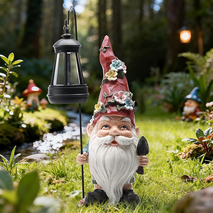 Outdoor Garden Gnome Statue with Solar Light – Outdoor Resin Decor Weatherproof Yard Lawn Ornament with LED Lantern Light Figurine for Patio, Porch, Landscape Housewarming