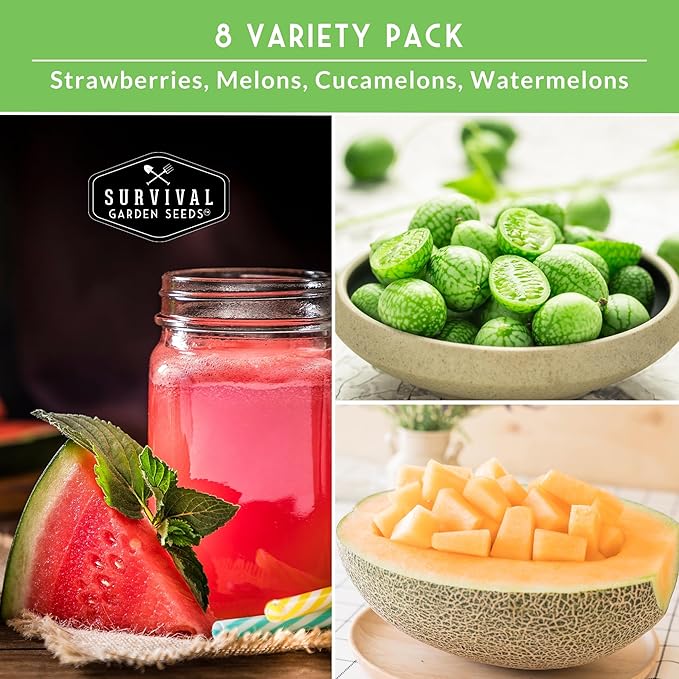 Fruit Seeds for Planting - 8 Variety Pack | Watermelon, Cantaloupe, Melon, Strawberry, Cucamelon for Home Vegetable Gardens - Non-GMO Heirloom Fruits - Survival Garden Seeds