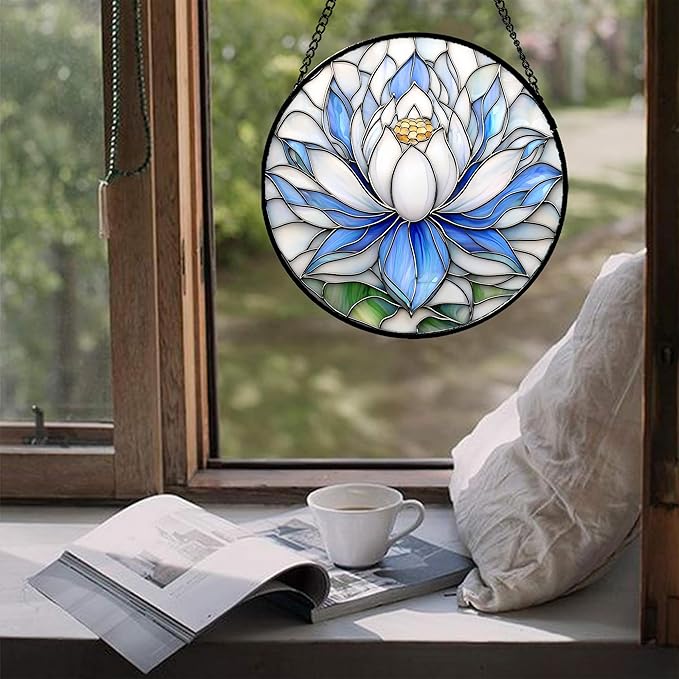 Stained Glass Window Hanging - Blue and White Lotus Petal Suncatcher for Doors Window Home Sun Catchers Decor Christmas Mother's Day July Birthday Gifts for Teacher Women Men Mom Nana 7.8 in