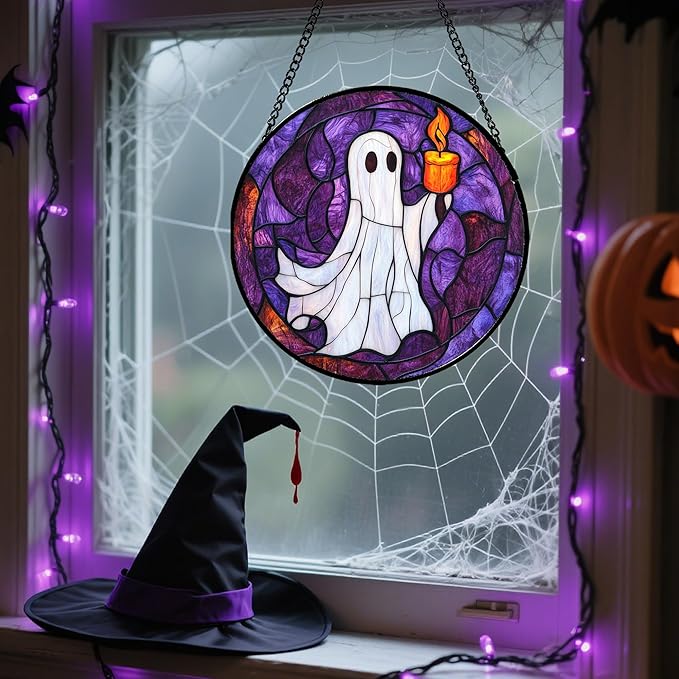 Stained Glass Window Hanging - Halloween Decorations Ghost Suncatcher for Doors Garden Indoor Spooky Funny Purple Sun Catchers Gothic Decor Horror Gifts for Women Men Friend 9.8 in